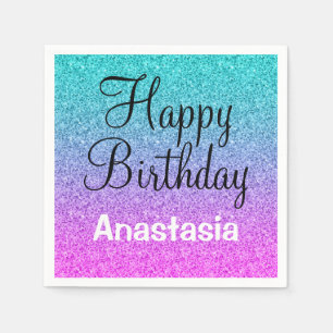 Guardanapo De Papel Glam Happy Birthday Ombre Rosa Azul Brilho Roxo