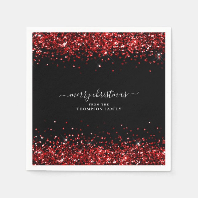Guardanapo De Papel Glam Red Glitter Name Merry Christmas Black (Frente)