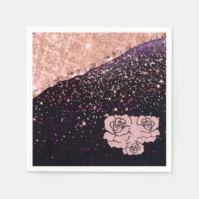 Guardanapo De Papel Glam Rose Blush Glitter Rosas Pretas (Frente)