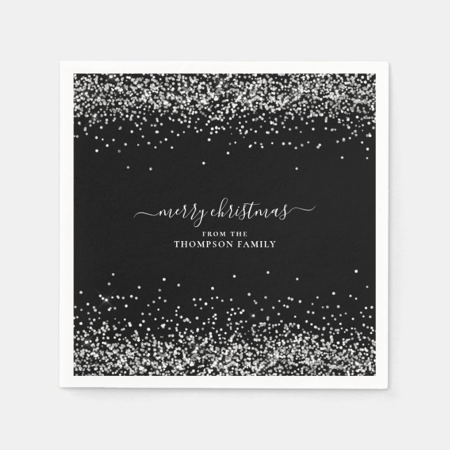 Guardanapo De Papel Glam Silver Glitter Name Merry Christmas Black (Frente)