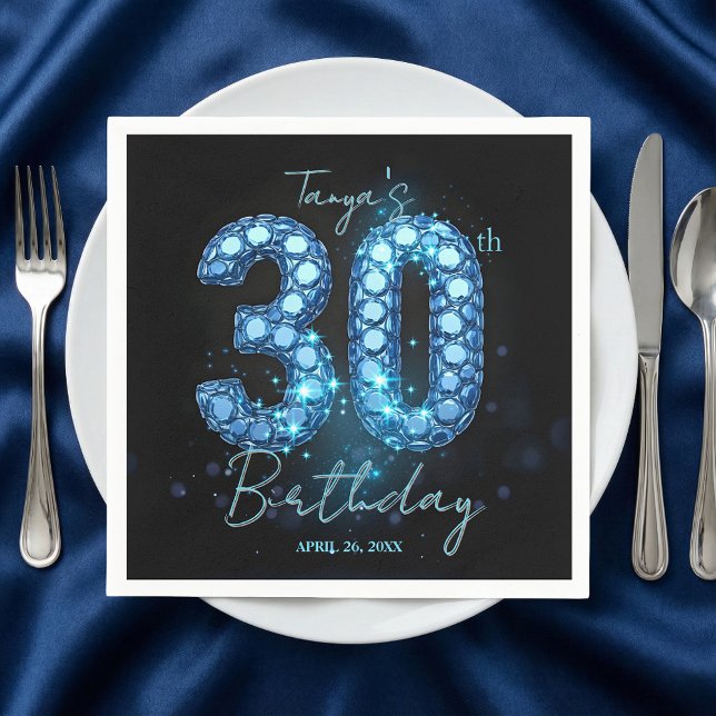 Guardanapo De Papel Glamorous Blue & Black Sparkle Jewel 30th Birthday (Criador carregado)