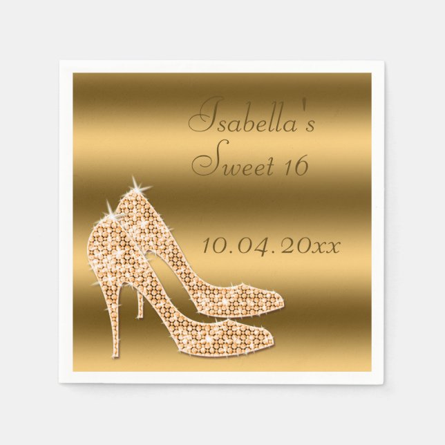 Guardanapo De Papel Glamorous Sweet 16 Dourados Stilettos Napkins (Frente)