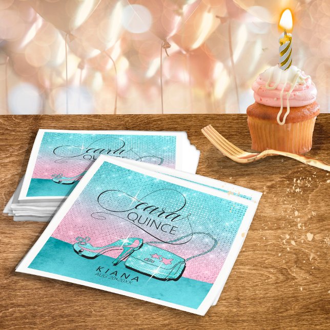 Guardanapo De Papel Glitter and Shine Quinceanera Teal/Pink ID701 (Criador carregado)