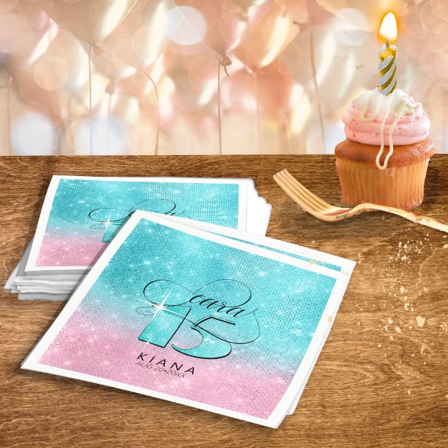 Guardanapo De Papel Glitter and Shine Quinceanera V1 Teal/Pink ID701 (Criador carregado)