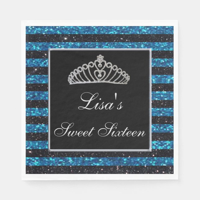 Guardanapo De Papel Glitter Azul Negro Elegante Tiara Sweet 16 (Frente)