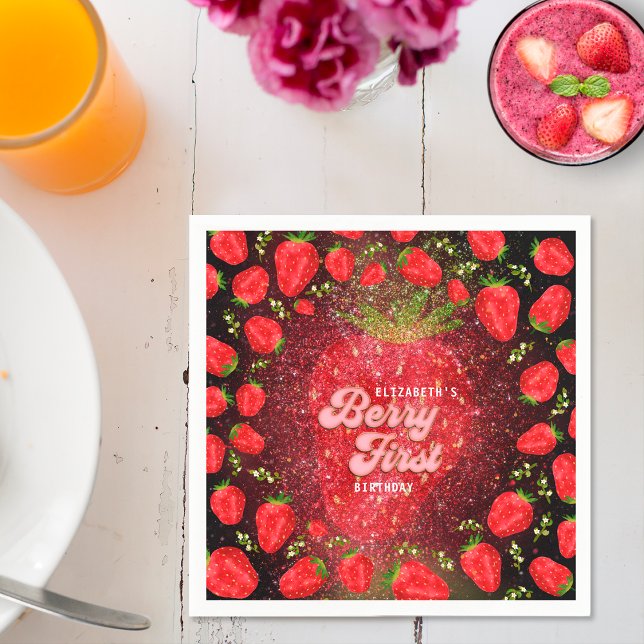 Guardanapo De Papel Glitter do primeiro aniversario de Morango Preto D (Criador carregado)