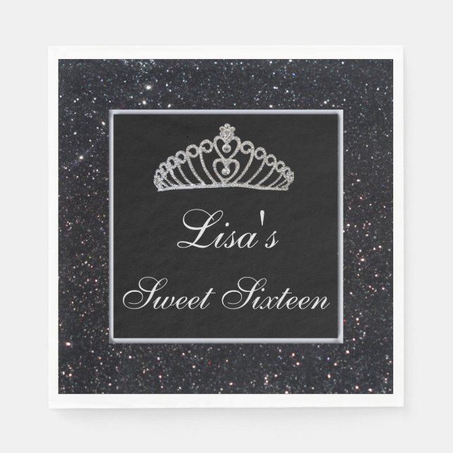 Guardanapo De Papel Glitter Negro-Chic Elegante Tiara Sweet 16 (Frente)