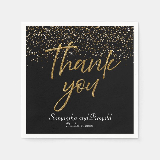 Guardanapo De Papel Glitter Preto e Dourado Obrigado Casamento (Frente)