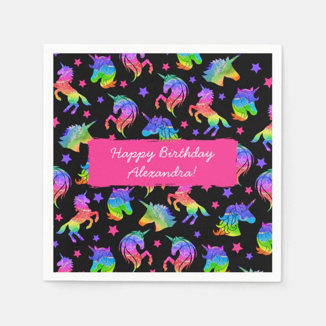 Guardanapo De Papel Glitter Unicorn Arco-Íris com Nome Aniversário (Frente)