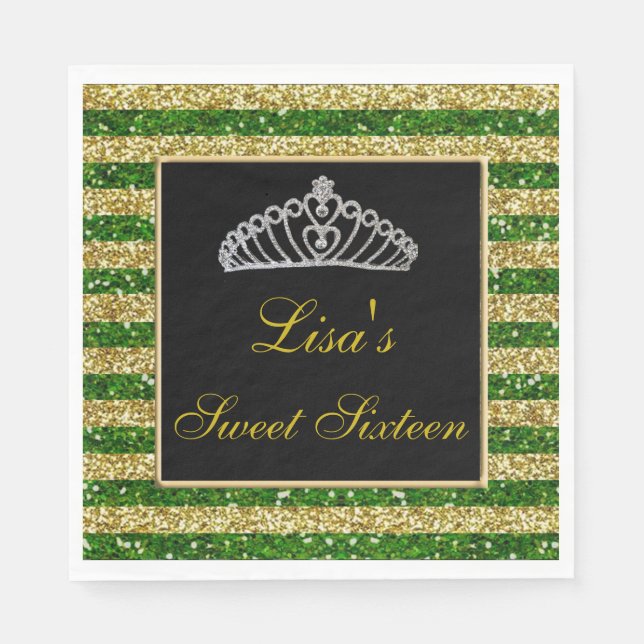Guardanapo De Papel Glitter Verde-Chic Elegante Tiara Sweet 16 (Frente)