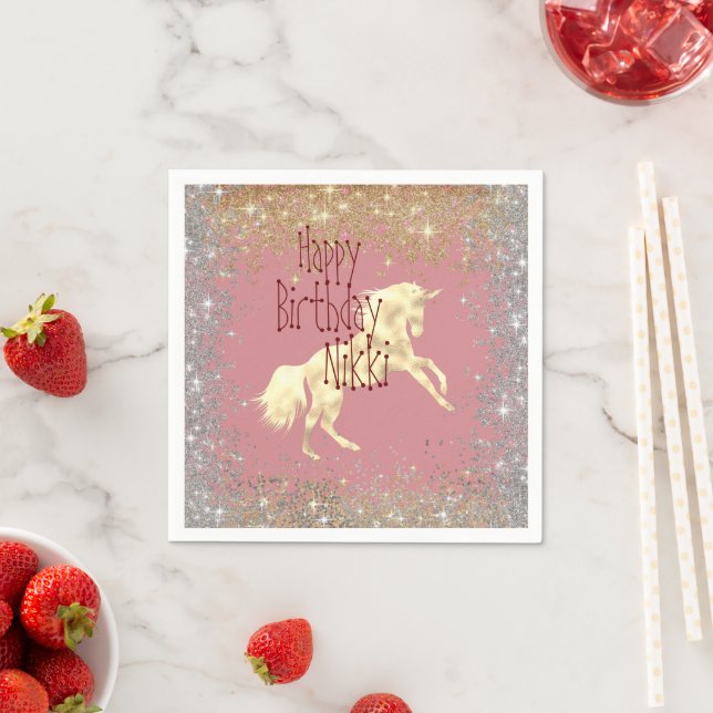 Guardanapo De Papel Glittery Dourado Unicorn Birthday Personalizado (Insitu)