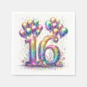 Guardanapo De Papel Glittery Number 16 com balões e Confetti