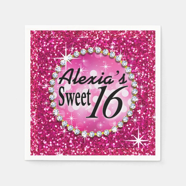 Guardanapo De Papel Glitz Bling Glitter Sparkle Sweet 16 | fuchsia (Frente)