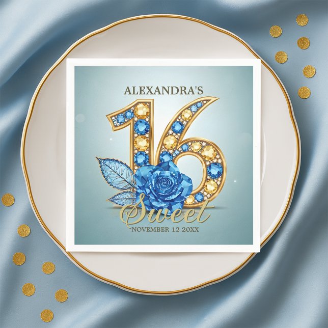 Guardanapo De Papel Glitzy Chic Blue Rose Gold Gemstone Sweet 16 (Criador carregado)