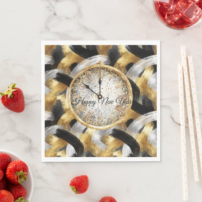 Guardanapo De Papel Glitzy Gold Silver Black New Year's Clock (Insitu)