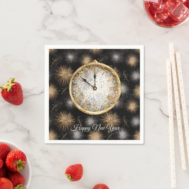 Guardanapo De Papel Glitzy Gold Silver Fireworks New Year's Clock (Insitu)