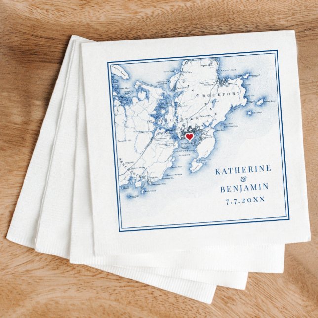 Guardanapo De Papel Gloucester Massachusetts Map Marinho Elegante Casa (These Gloucester wedding napkins are perfect for your destination wedding to Cape Ann, Massachusetts)
