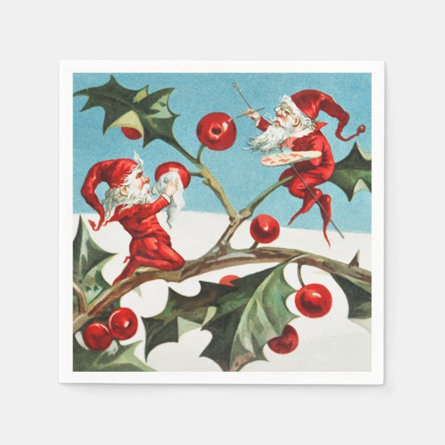 Guardanapo De Papel Gnomes painting holly berries in the snow (Frente)