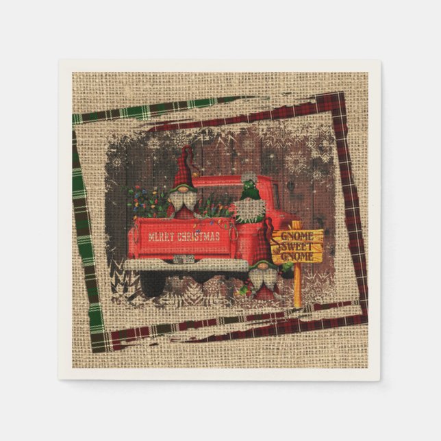 Guardanapo De Papel Gnomo Doce Gnome Red Truck Xadrez Rustic (Frente)