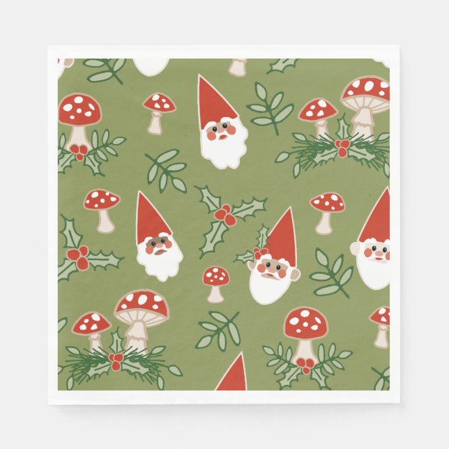 Guardanapo De Papel Gnomos e Cogumelos no Feriado da Floresta Verde (Frente)