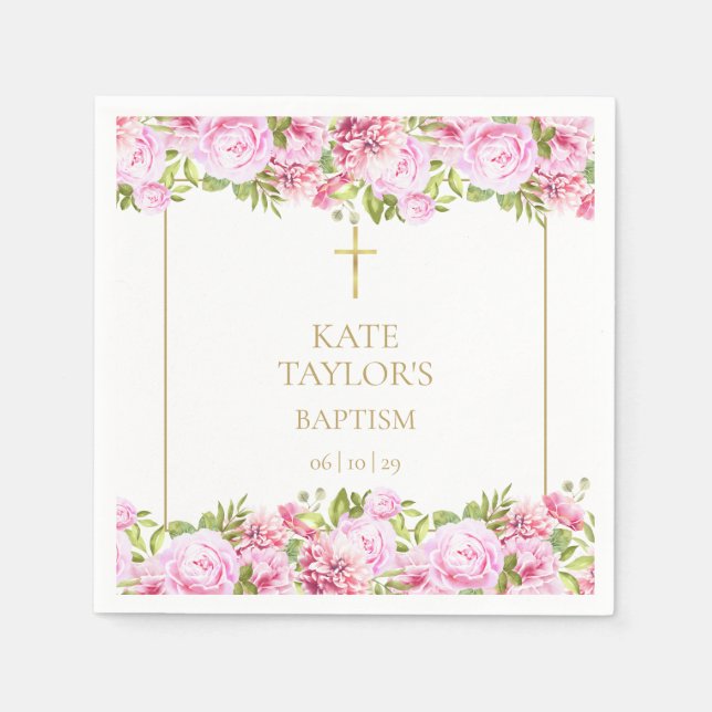 Guardanapo De Papel Gold Baptism Christening Pink Roses Floral (Frente)