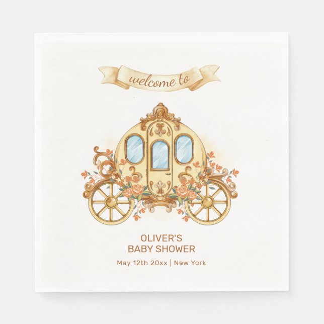 Guardanapo De Papel Gold Flower Prince Carriage Baby Shower Welcome (Frente)