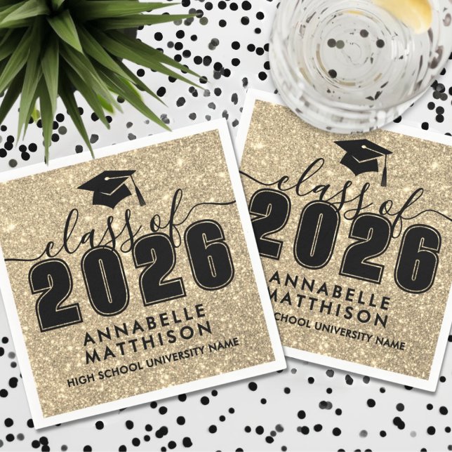 Guardanapo De Papel Gold Glitter Graduation (Gold Glitter Graduation Napkins)