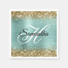 Guardanapo De Papel Gold Glitter Pale Turquoise Foil Monogram