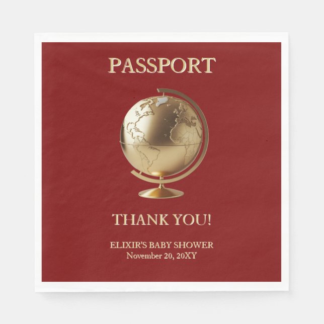 Guardanapo De Papel Gold Globe Passport Travel Baby Shower (Frente)