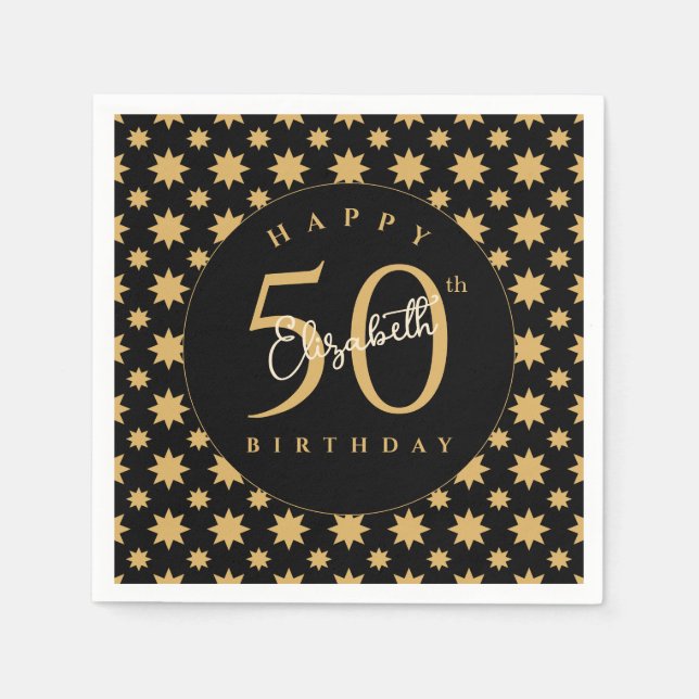 Guardanapo De Papel Gold Stars 50th Birthday Custom Name  (Frente)