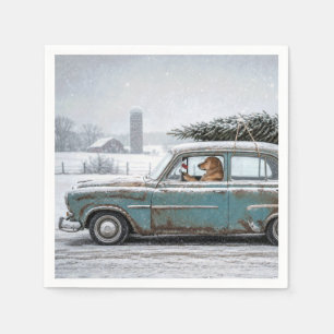 Guardanapo De Papel Golden Retriever dirigindo carro retrô com pinheir