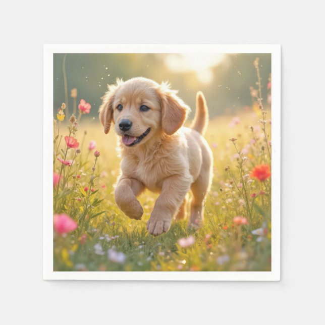 Guardanapo De Papel Golden Retriever Puppy Running In a Meadow (Frente)