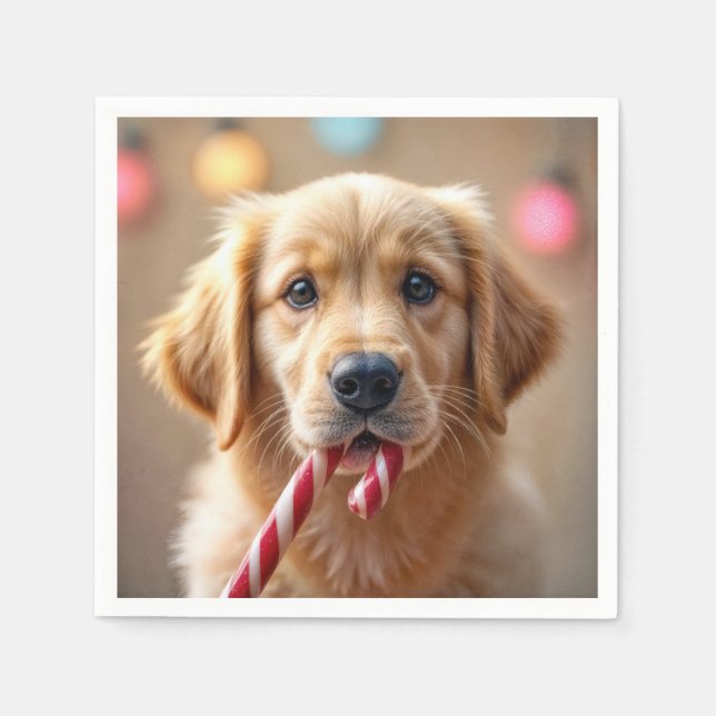 Guardanapo De Papel Golden Retriever Puppy With a Candy Cane (Frente)