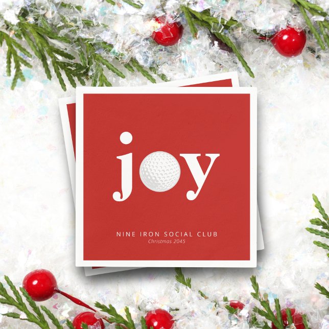 Guardanapo De Papel Golf Holiday Joy Personalized Name Typography Red (Modern “Joy” with golf ball detail. Perfect for country clubs, leagues, or golf buddy parties.)