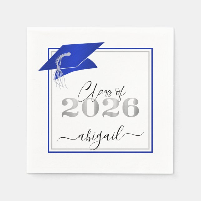Guardanapo De Papel Gorra de Formatura 2026 Azul Real Metálico Script (Frente)