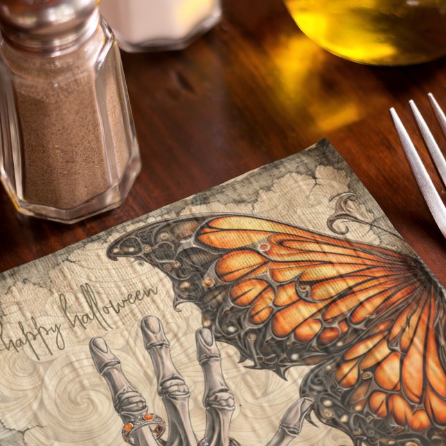 Guardanapo De Papel Gótica | Borboleta | Mão esquelética | Vitoriano (Gothic butterfly and spooky skeleton hand on Halloween party napkins you can customize. )