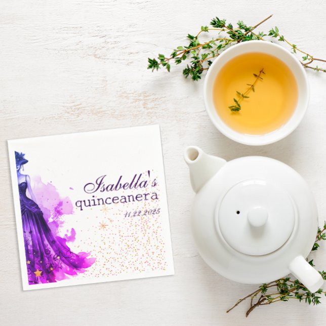 Guardanapo De Papel Gótica Glam Quince vestido roxo ( These are napkins intended for a Quinceañera, designed with a Gothic Glam aesthetic.)