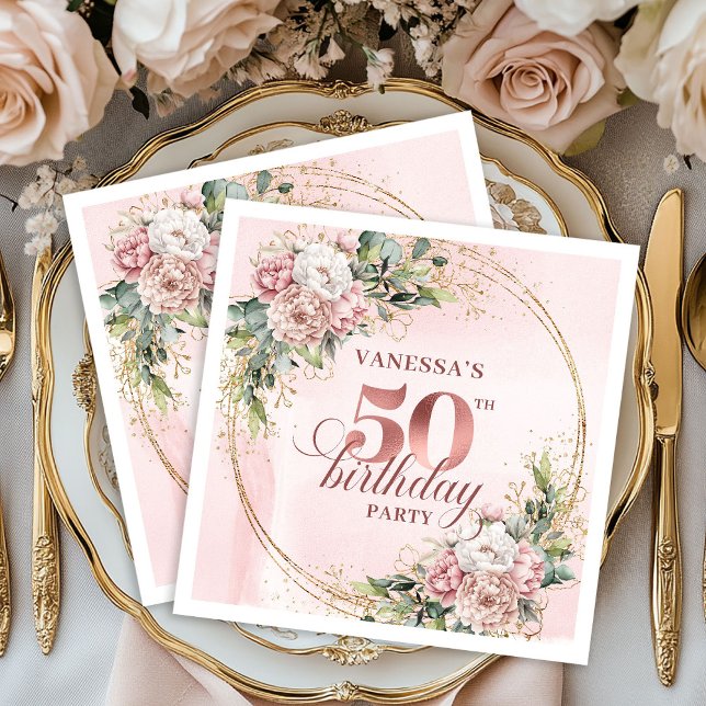 Guardanapo De Papel Graceful Rose Gold Blush Flowers 50th Birthday  (Graceful Rose Gold Blush Flowers 50th Birthday Dinner Napkins

)