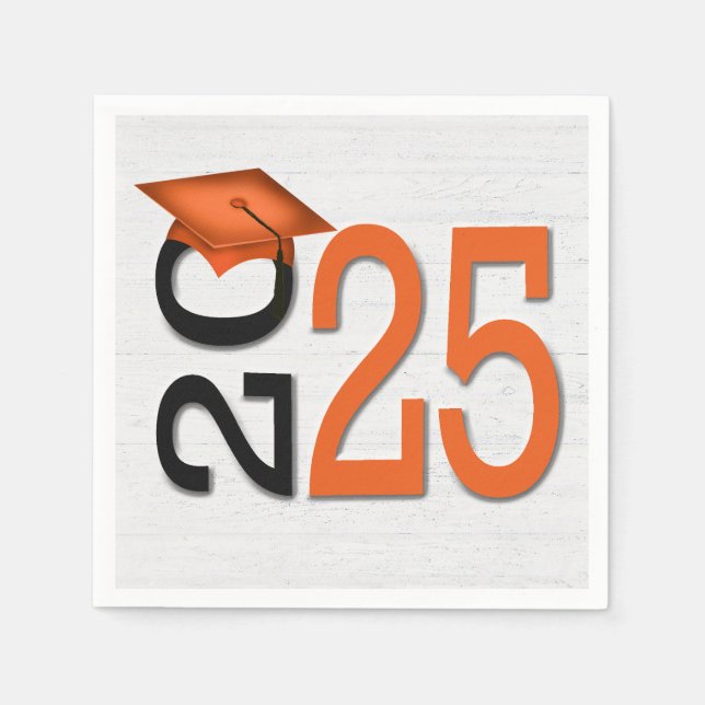 Guardanapo De Papel Graduação 2025 Laranja e Preto Sobre Madeira (Frente)