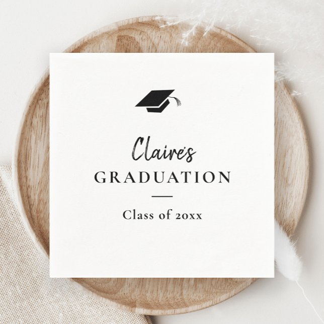 Guardanapo De Papel Graduação Clássica Simples (Modern Handwritten Black and White Cap Graduation Party Napkins.)