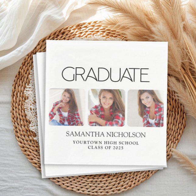 Guardanapo De Papel Graduação de 3 Fotografias Moderna Sleek (Modern white 3 photo graduation party paper napkins)