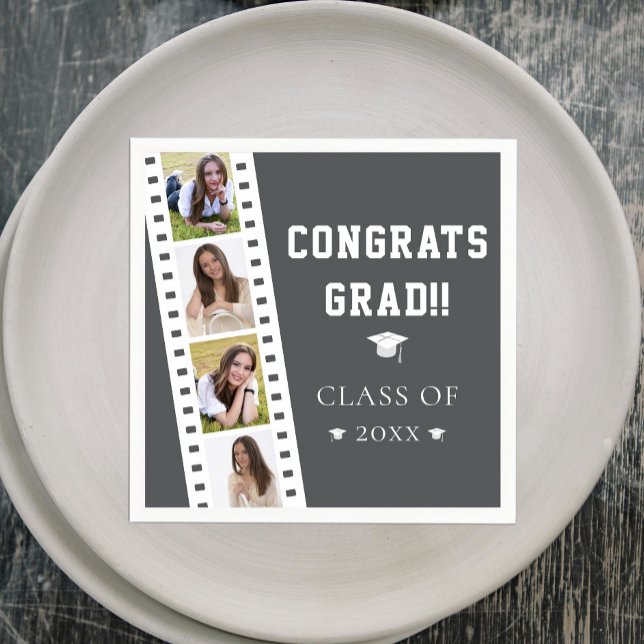 Guardanapo De Papel Graduação de Colagem de Fotos em Filmstrip Quatro  (Gray Filmstrip Four Photo Collage Graduation Party Napkins)