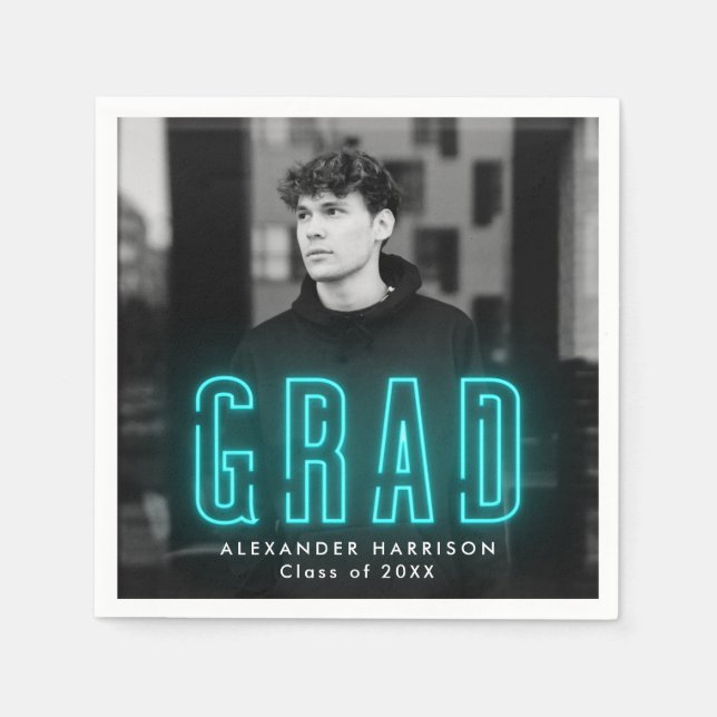 Guardanapo De Papel Graduação de Foto de Neon em Ciano Moderno (Frente)