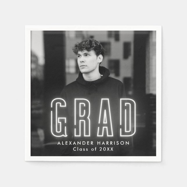 Guardanapo De Papel Graduação de Foto Neon Branca Moderna (Frente)