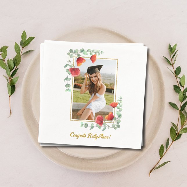 Guardanapo De Papel Graduação de Foto Personalizada Floral Elegante Na (Elegant Floral Custom Photo Graduation Napkins
)