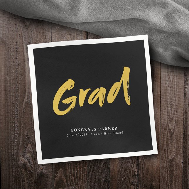 Guardanapo De Papel Graduação de Script Simples de Pincel Preto e Dour (Black & Gold Simple Modern Brush Script Graduation Napkins)