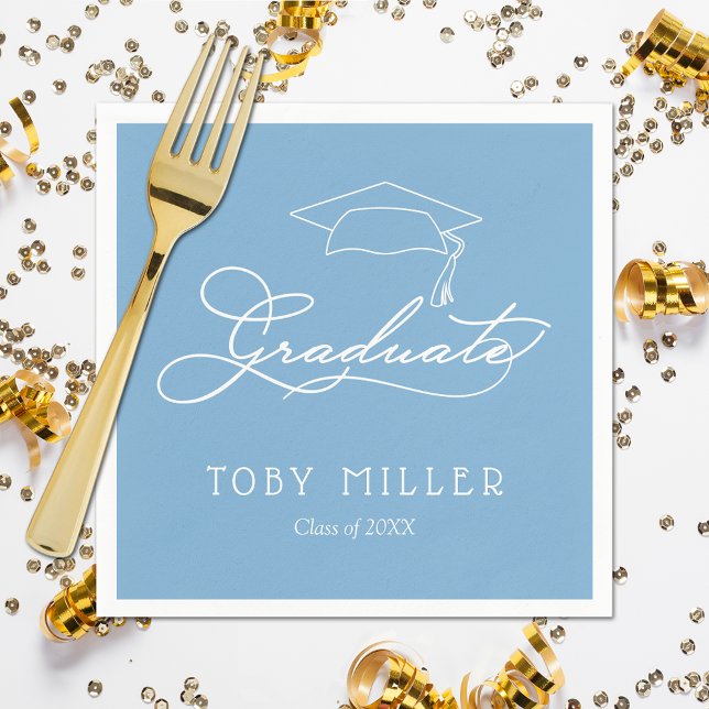 Guardanapo De Papel Graduação em Azul em Pó Elegante Napkins (White script grad cap on powder blue personalized graduation napkins, paper plates in our store)