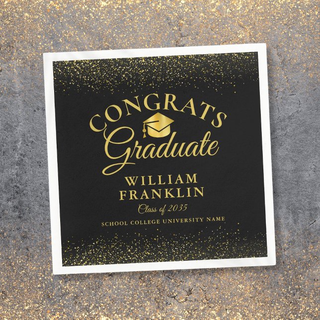 Guardanapo De Papel Graduação Personalizada Preta E Dourada Moderna (Personalized Black And Gold Modern Graduation Napkins)