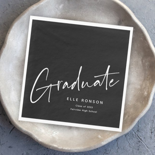 Guardanapo De Papel Graduação Simples de Formando de Script Moderno (Modern script black and white graduation napkins.)