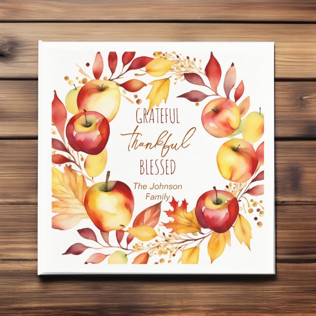 Guardanapo De Papel Grata gratidão abençoada prateleira de ação de gra (Grateful thankful blessed thanksgiving dinner tableware personalized napkins watercolor apple wreath)